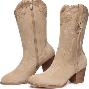 Cream/tan faux suede, cowboy boots/booties. Size 9.